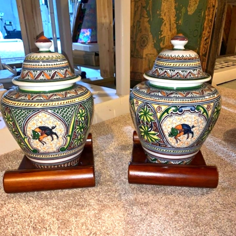 Portuguese Authentic Hand Painted Signed Urn Vases w Lids Vintage